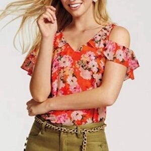 CABI Lush Blouse Style 5352 Size Small Red Floral Cold shoulder top
